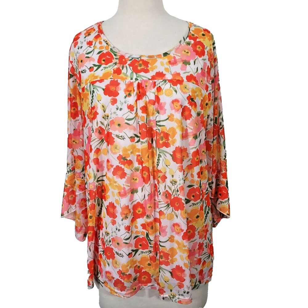 Bebonnie Shirt Top Mesh Overlay Stretch Women Size XXXL Flowy Colorful Floral